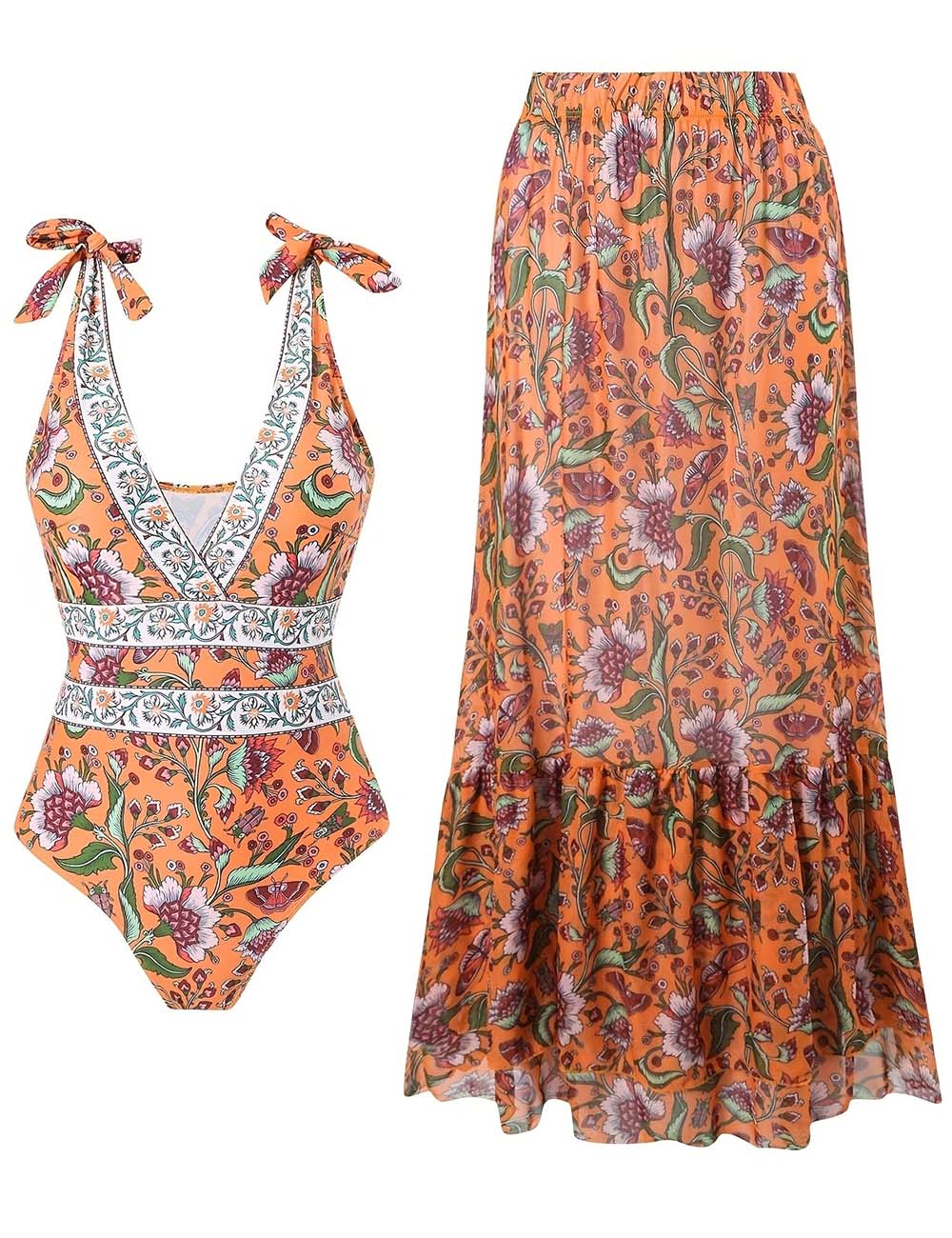 Ladies Floral Print One-Piece Swimsuit with Ruffle Hem Cover Up Skirt Set