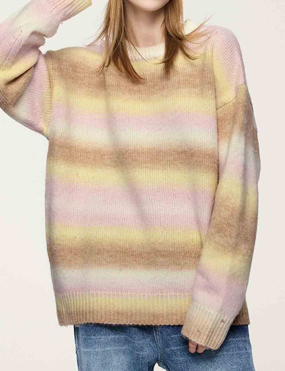 Ladies Round Neck Long Sleeves Ombre Knit Sweater