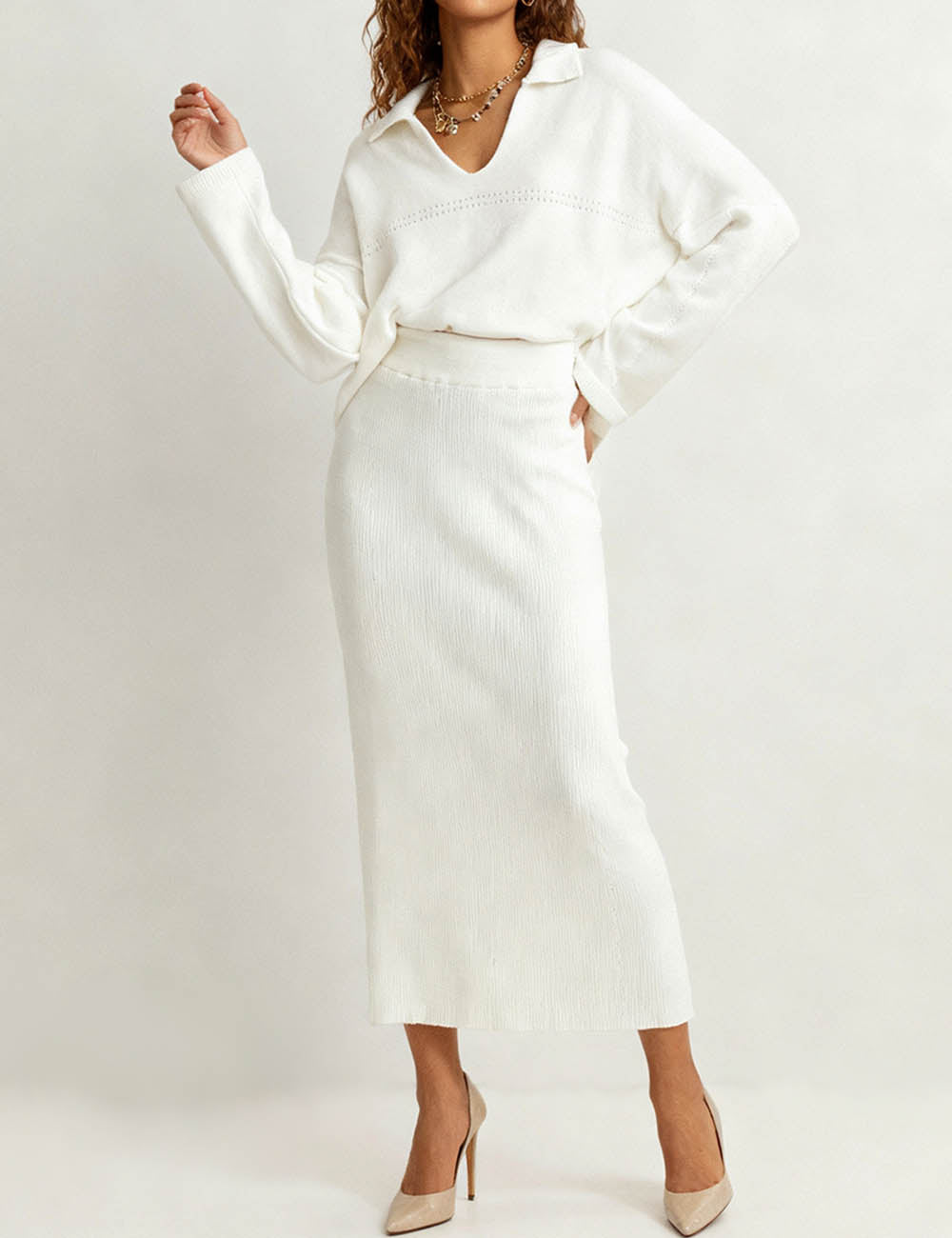 Ladies Solid Color V-Neck Knit Top & Midi Skirt 2PCS Set