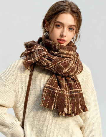 Ladies Checked  Cozy Oblong Knit Tassel Scarf