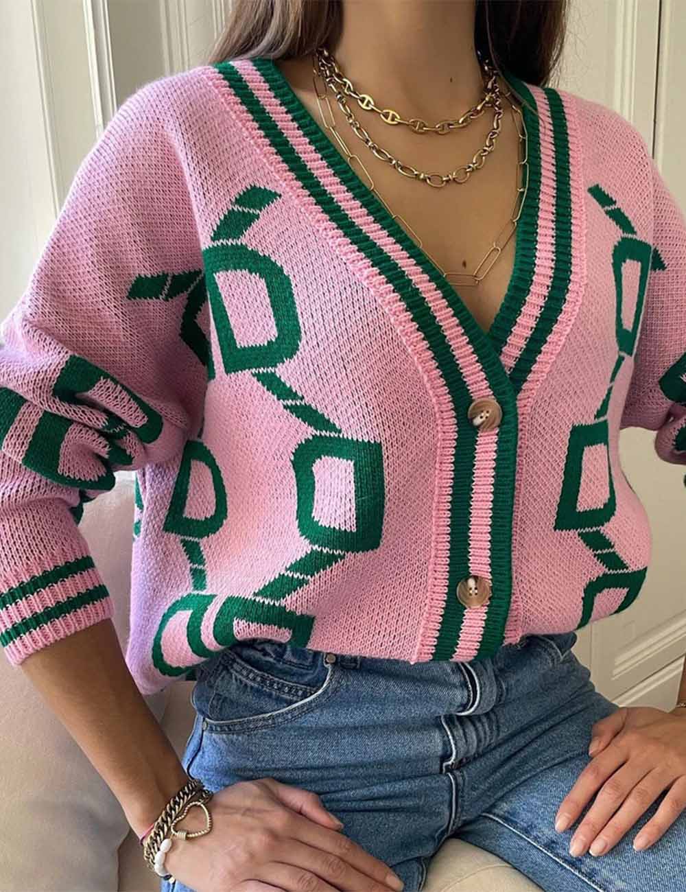 Ladies Color Block V-Neck Button Long Sleeves Knit Cardigan