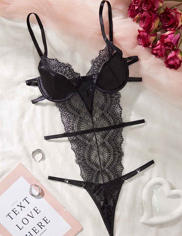 Ladies Sexy Lace Mesh See Through Thong Lingerie Teddy