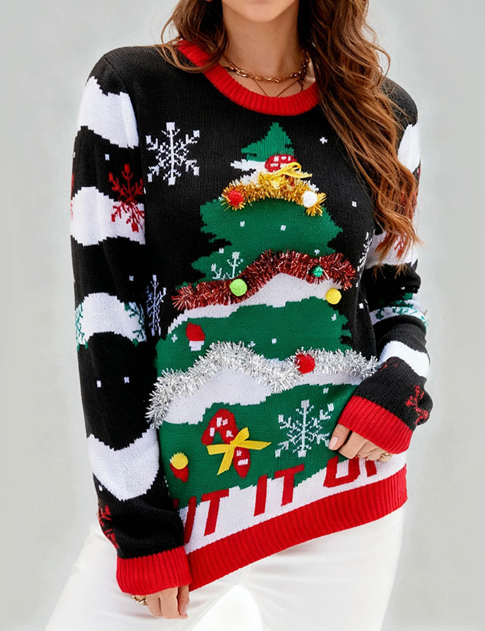 Ladies Festive Christmas Tree Graphic Holiday Knit Sweater