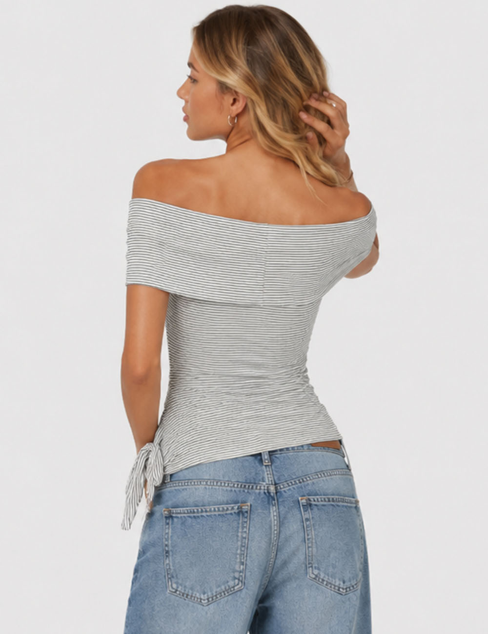 Ladies Striped Off-Shoulder Side Drawstring Top