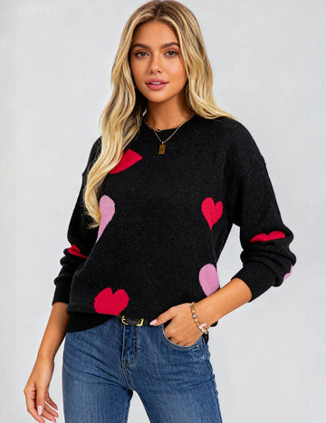 Ladies Valentine‘s Multi Color Heart Round Neck Sweater
