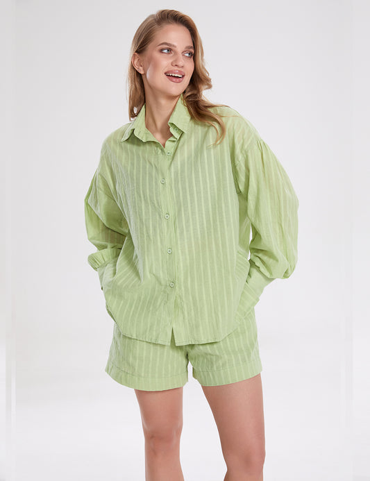 Ladies Stripe Long Sleeves Shirt with Shorts 2PCS Set TZ8866