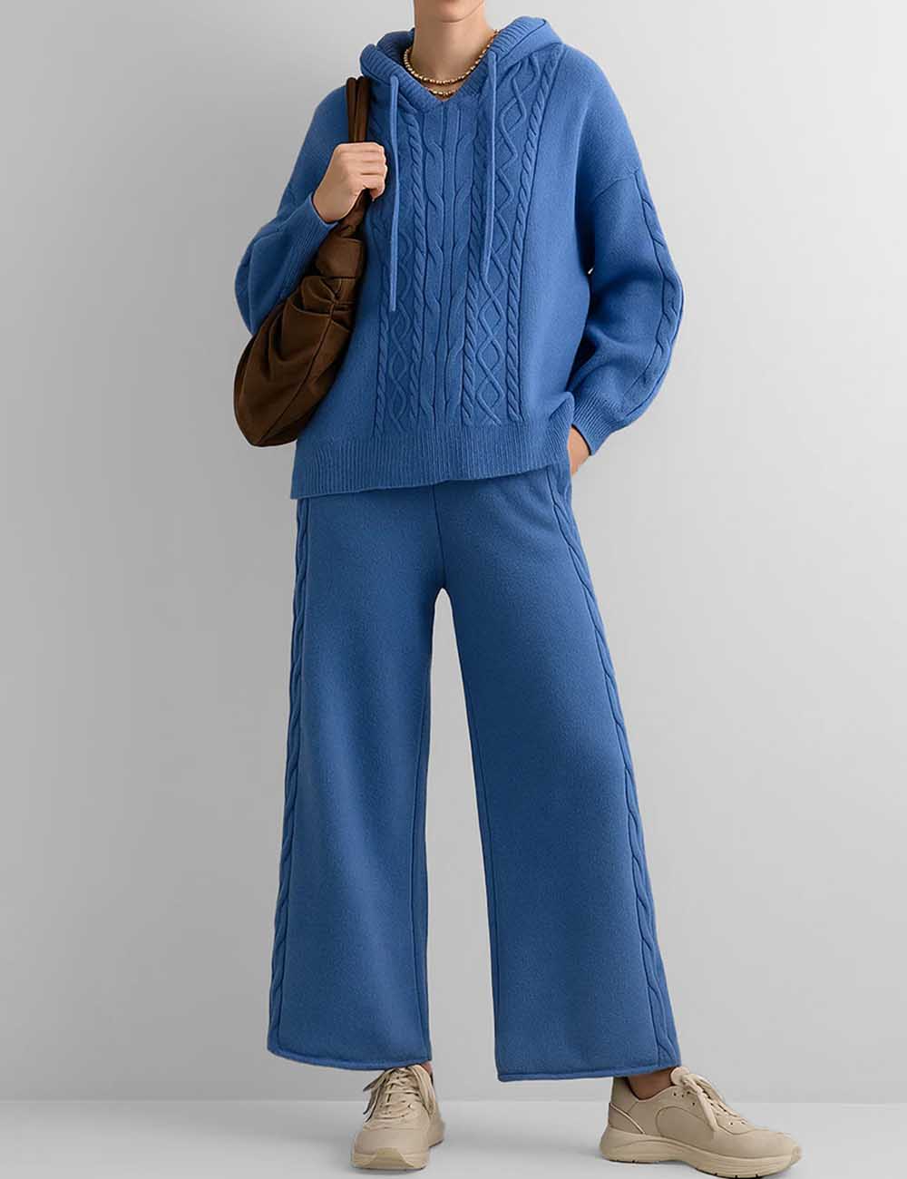 Ladies Cable Knit Hooded Top & Pants Sweater Set