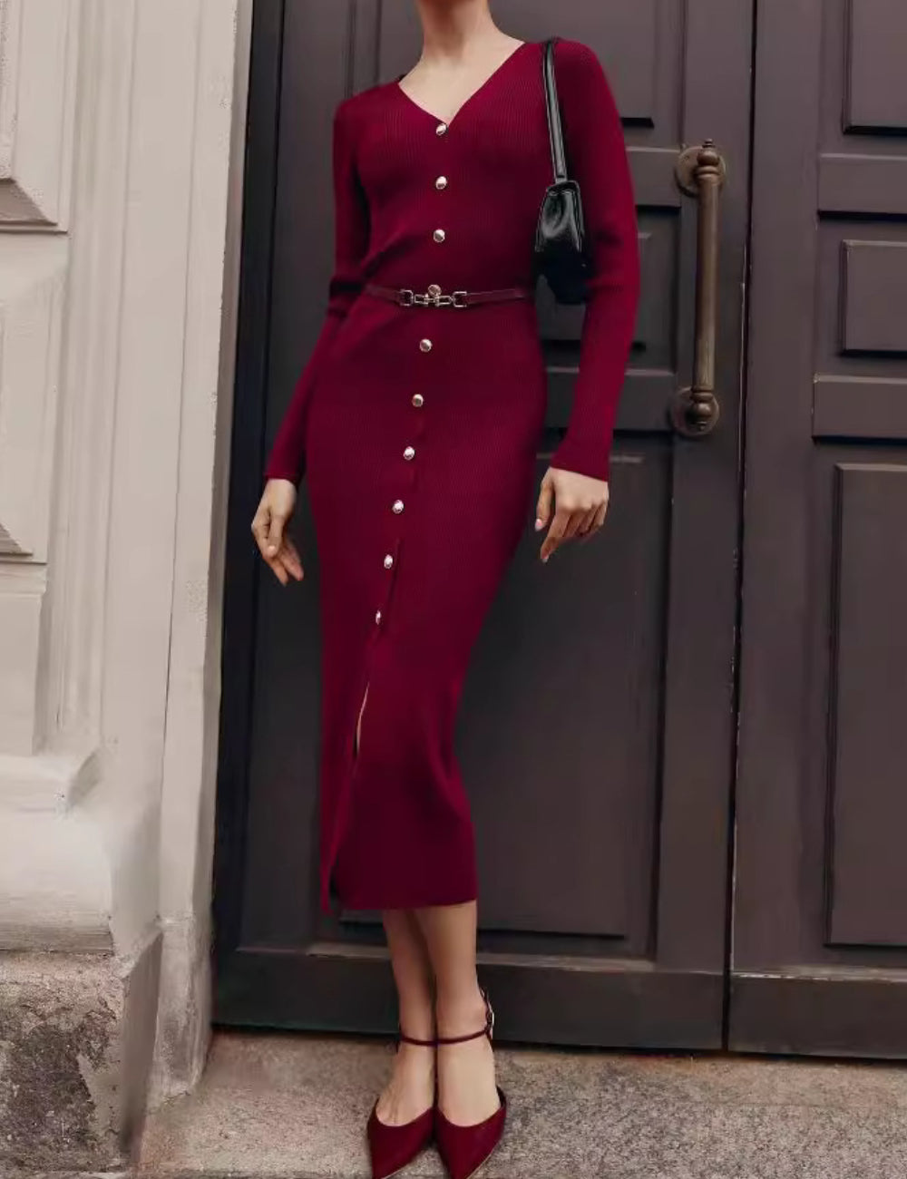 Ladies Solid Color V-Neck Knit Midi Dress SKD41069