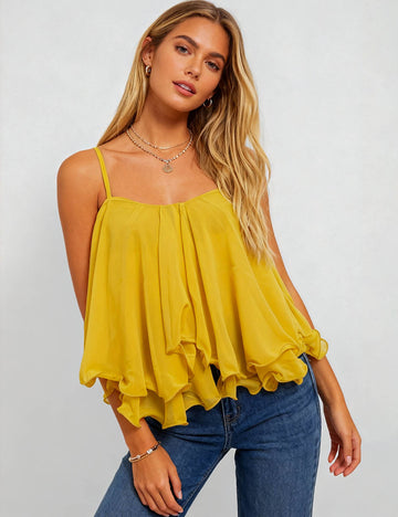 Ladies Chiffon Square Neck Tiered Ruffle Cami Top