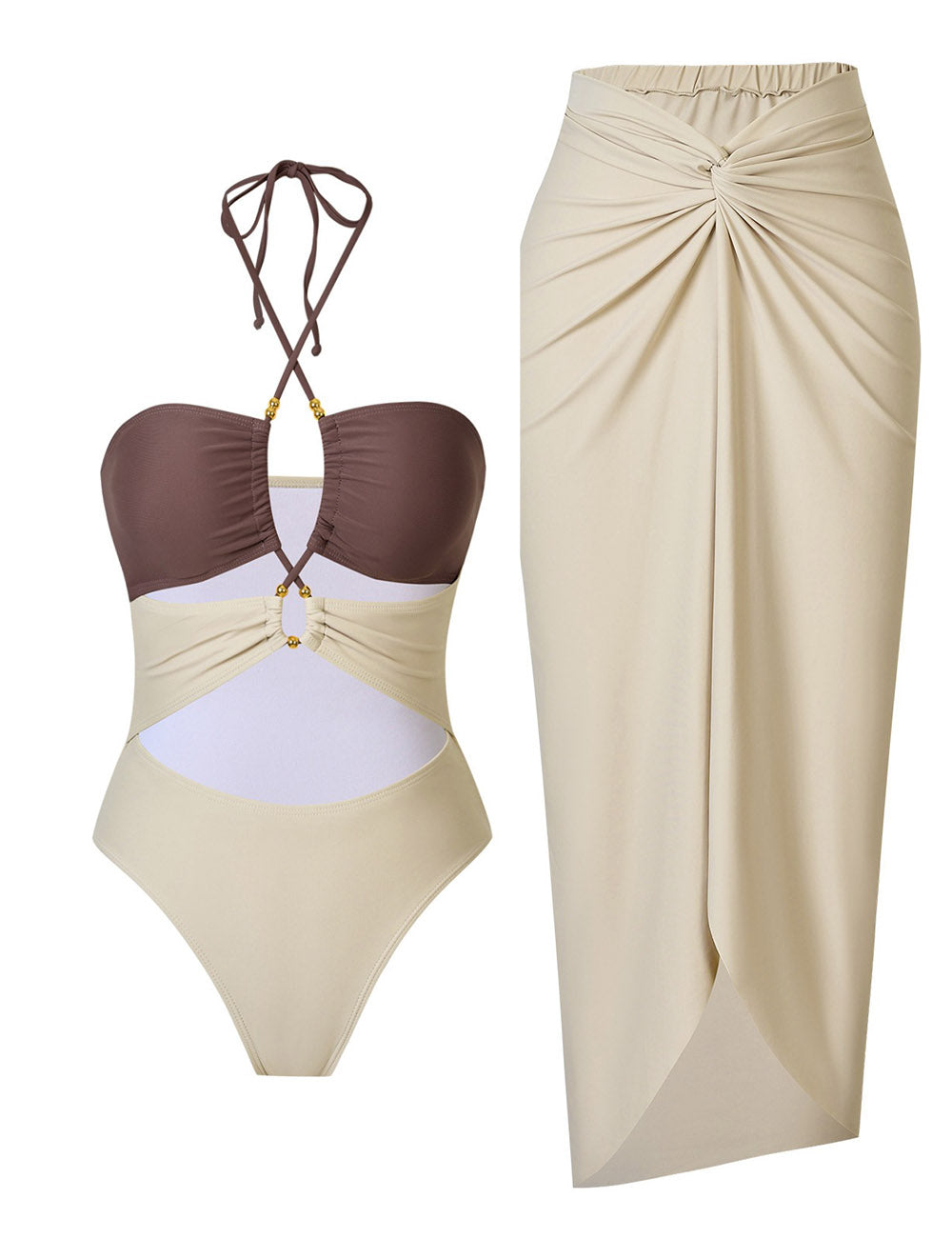 Ladies Halter Hollow Out One Piece Swimwear with Salong