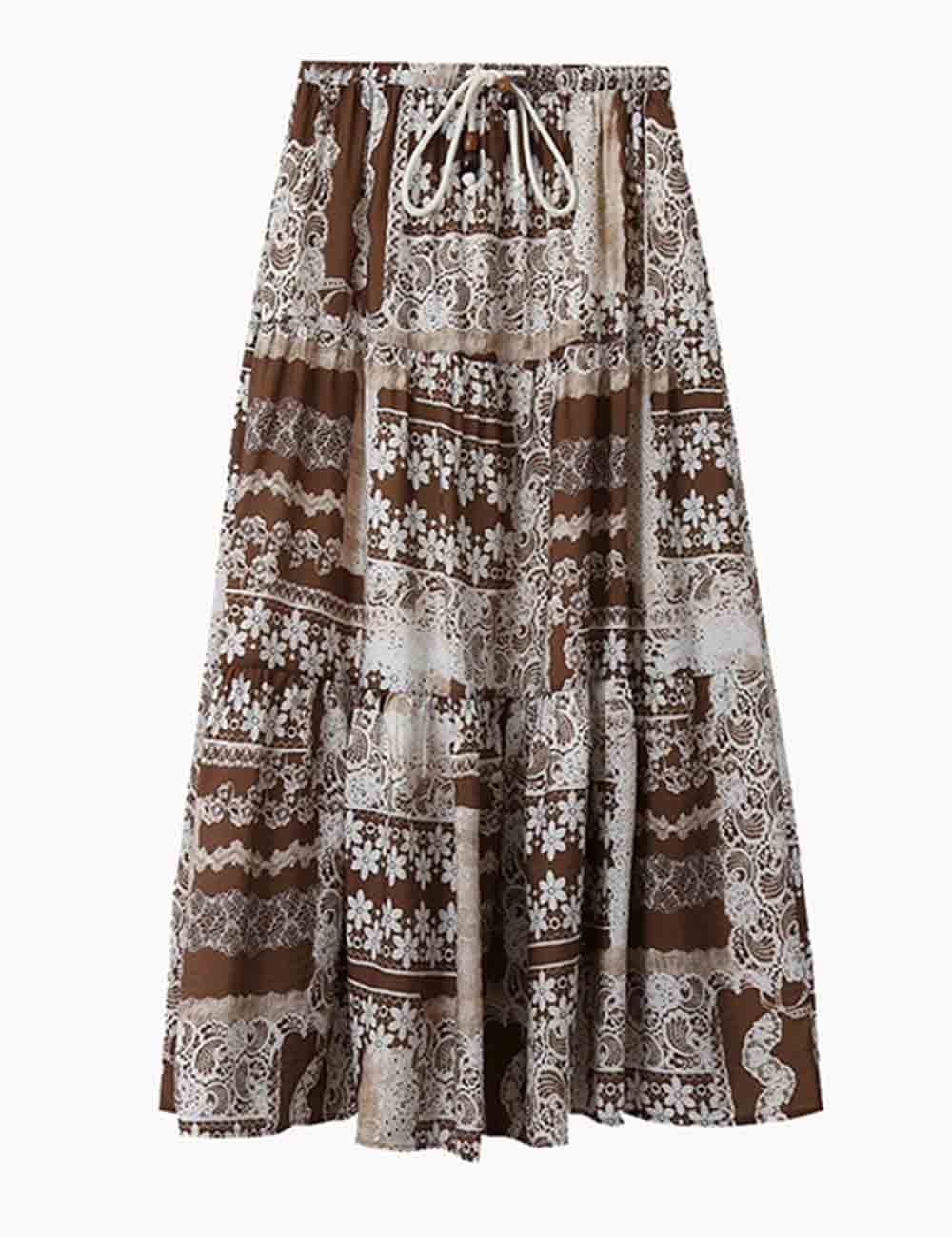 Ladies Boho Abstract Print String Tie Tiered Maxi Skirt 8SKS5VA392-小图