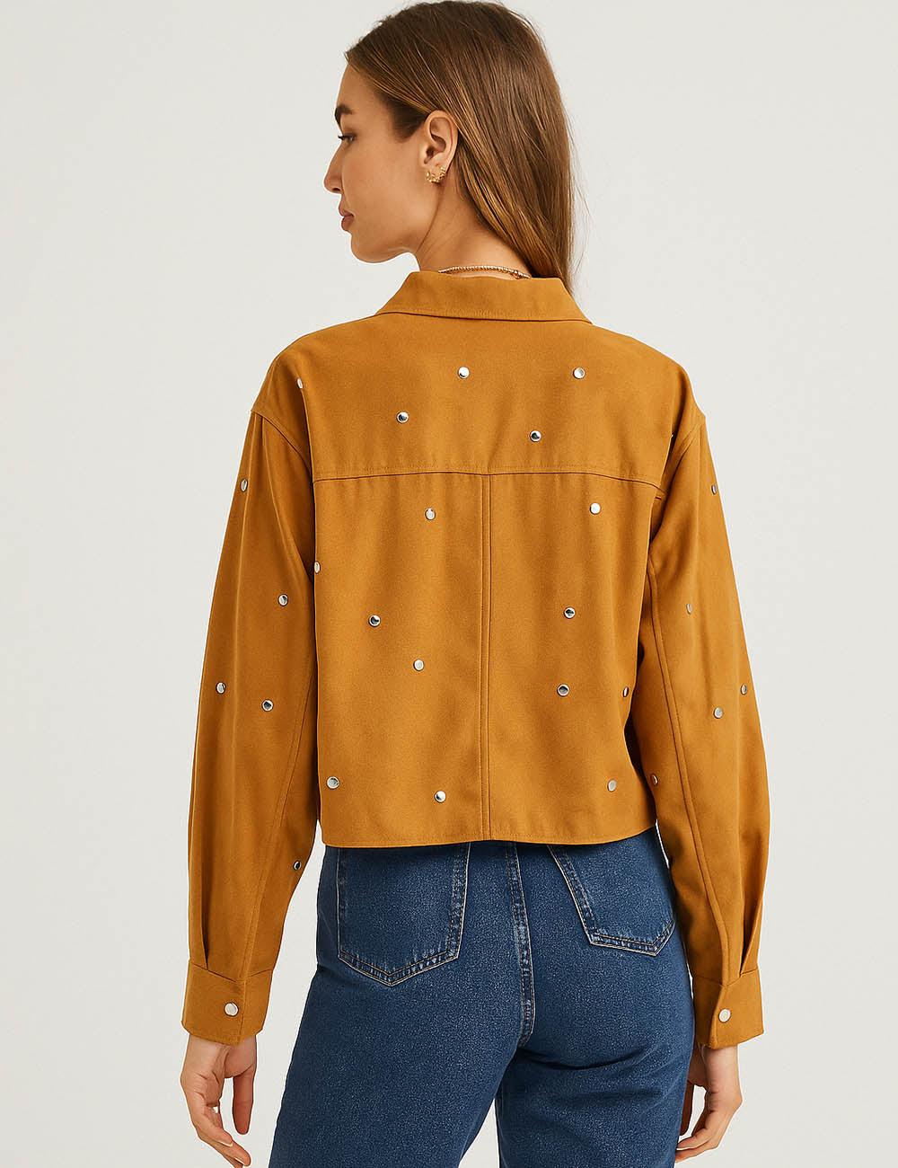 Ladies Faux Suede Studded Zipper Front Cropped Jacket