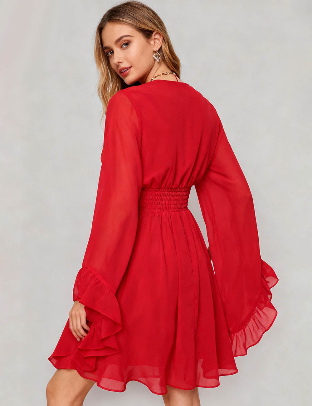 Ladies V-Neck Eyelet Smocked Waist Flared Sleeves Mini Dress