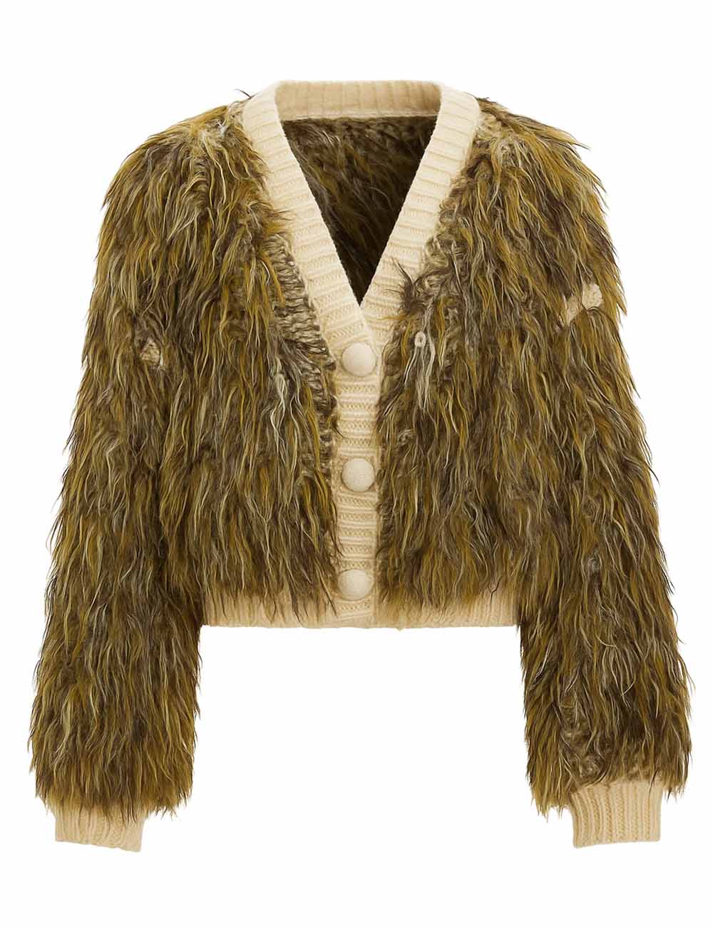Ladies V-Neck Faux Fur Shaggy Knit Cardigan