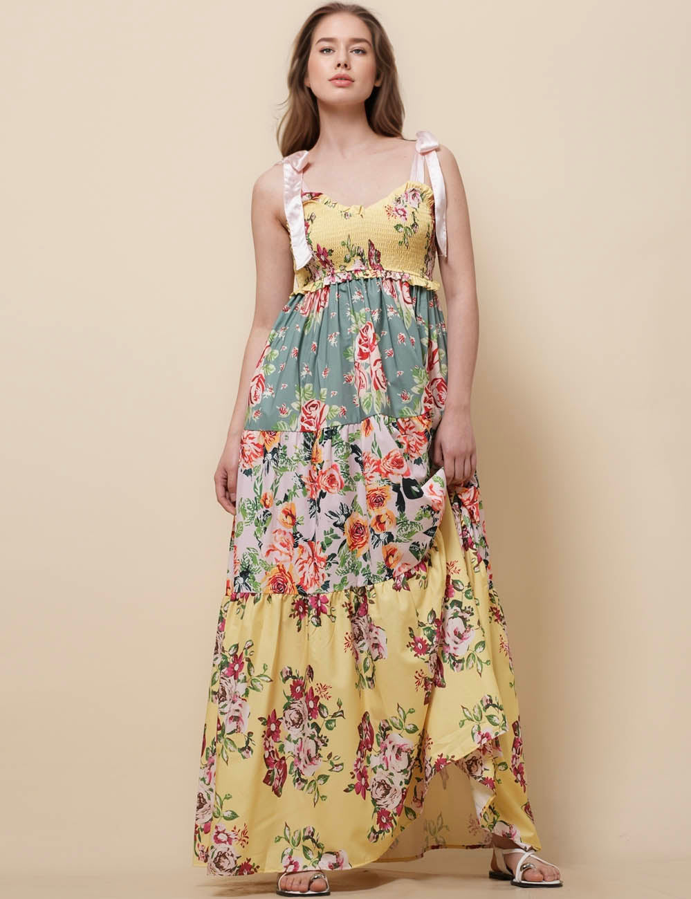 Ladies Strape Tie Shoulder Floral Print Maxi Dress SKD50568