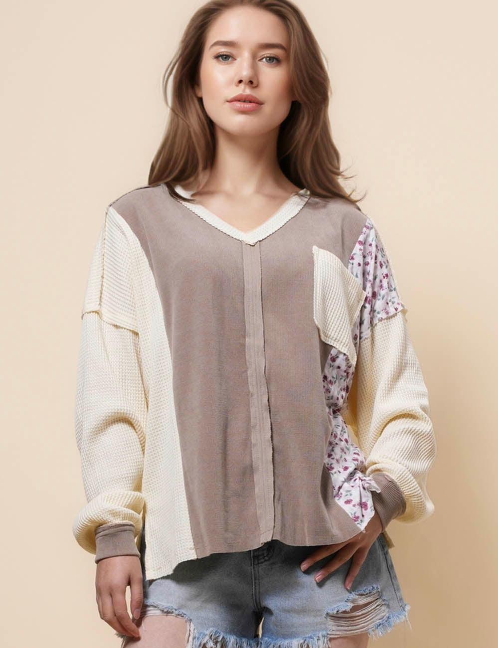 Ladies Waffle Floral Splice Long Sleeves Blouse SKT41145