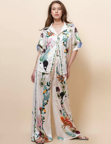 Ladies Floral Print Shirt & Pants 2PCS Set SKST50348