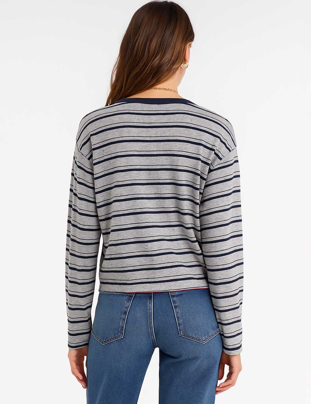 Ladies Striped Numebr Print Round Neck Long T-Shirt