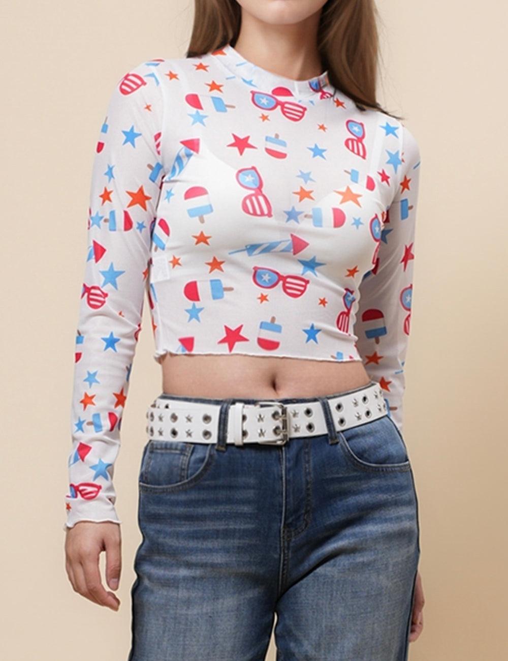 Ladies See Sheer Blouse Star Sunglasses Mesh Layring Top SKT4934