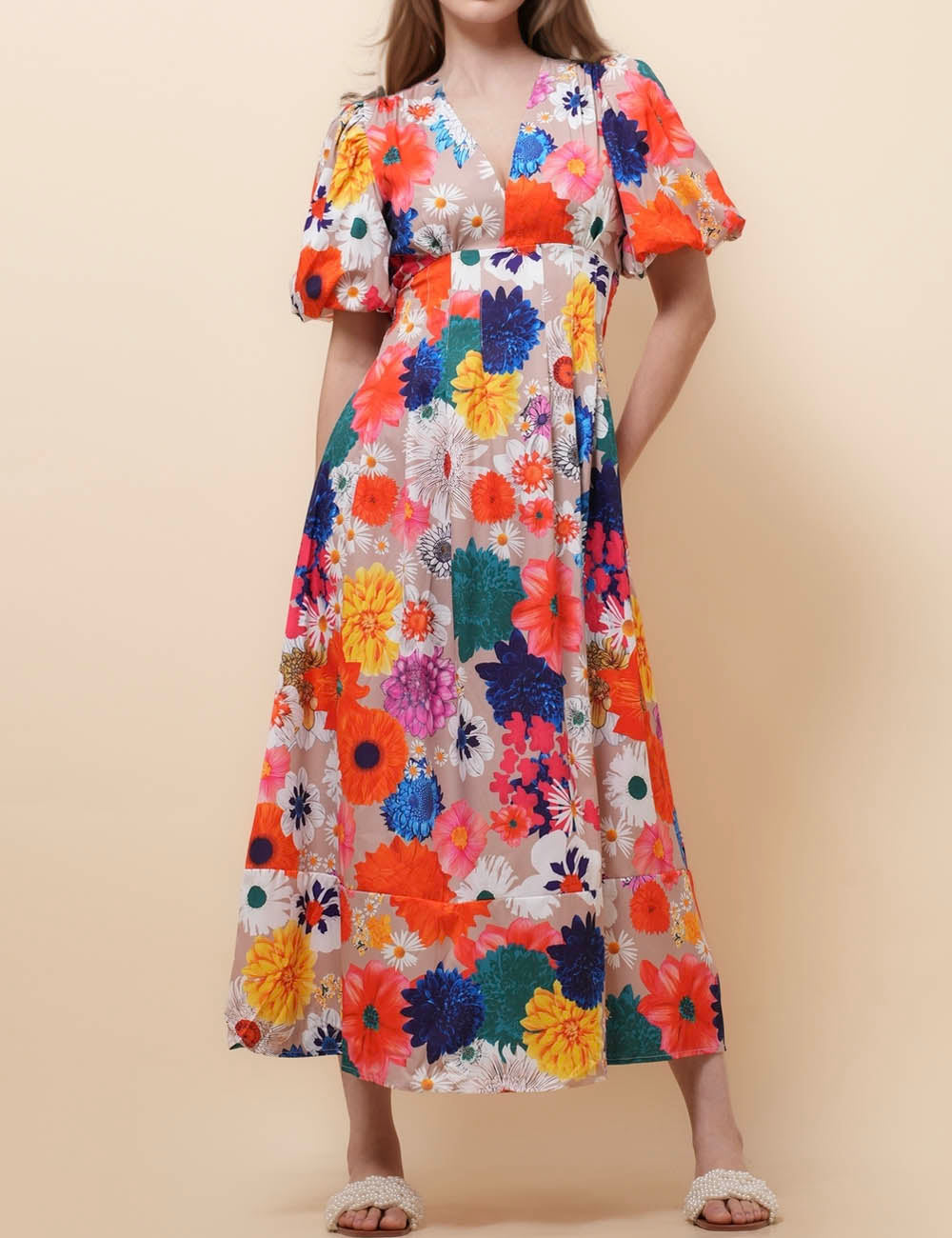 Ladies V-Neck Puff Sleeves Floral Print Midi Dress SKD51134