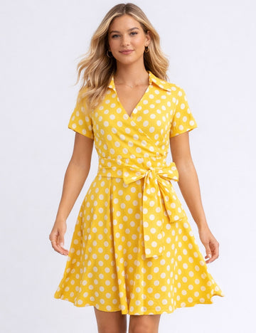 Ladies Chic Bow Tie Polka Dot Short Sleeves Midi Dress