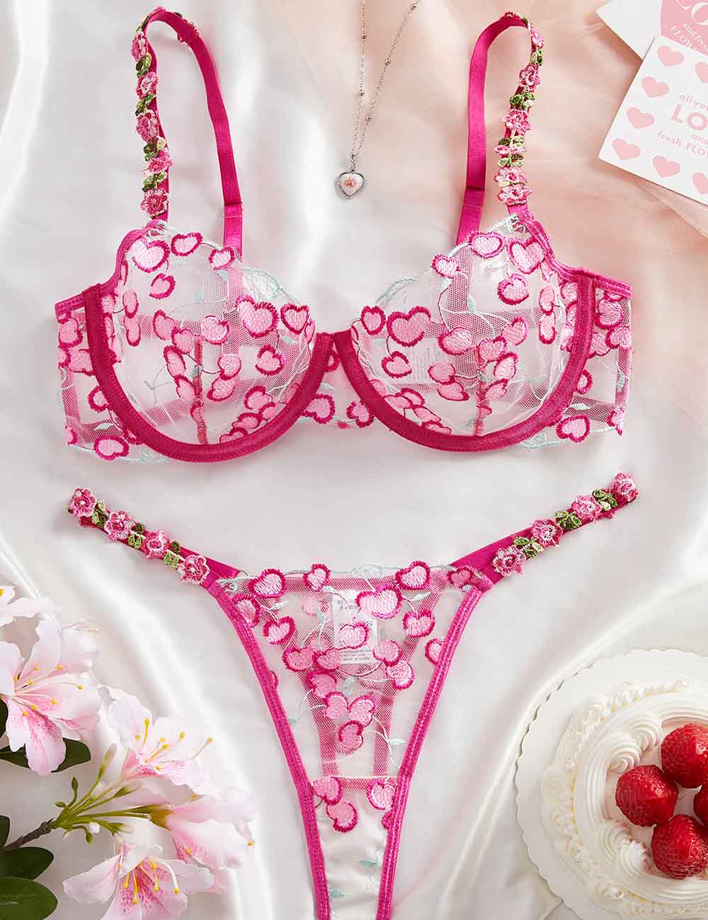 Ladies Heart Embroidery Color Block See Through Lingerie Set