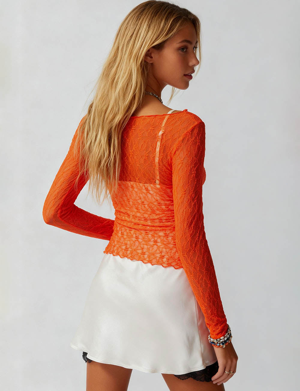 Ladies Round Neck Long Sleeves Sheer Lace Layering Top