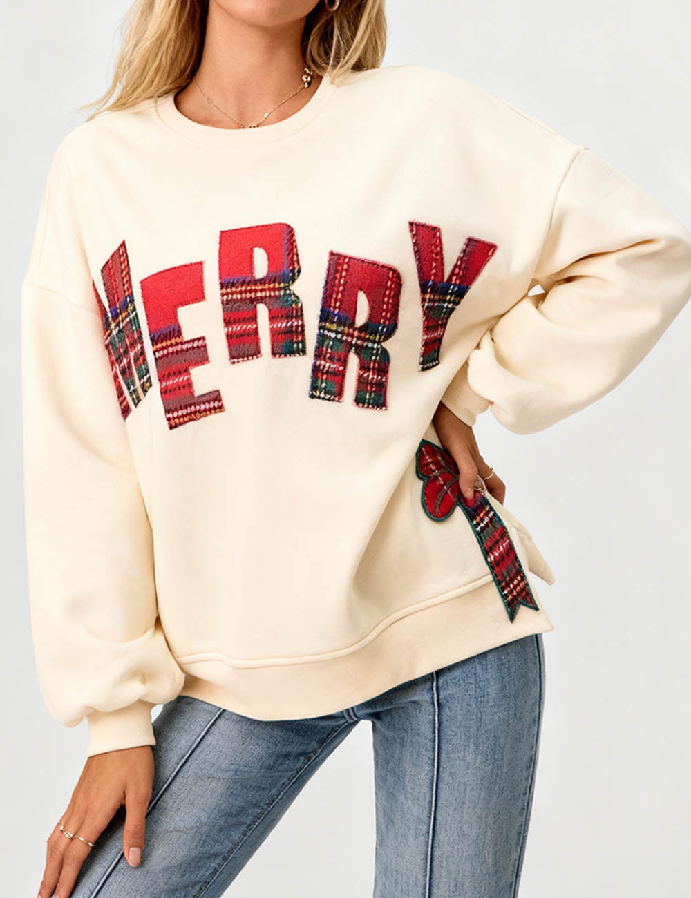 Ladies Christmas Bow Embroidery Letter Sweatshirt