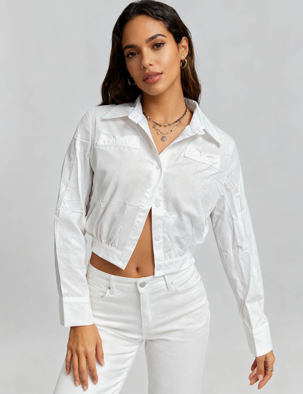 Ladies Solid Color Bow Tie Neck Button Down Crop Shirt