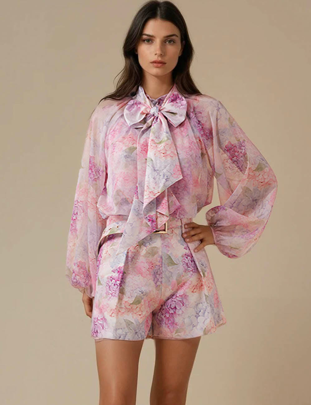 Ladies String Tie Long Sleeves 3PCS Top & Shorts Set SKST51285