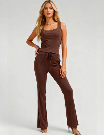 Ladies Rib Knit Square Lace Neck Tank Top & Pants Set