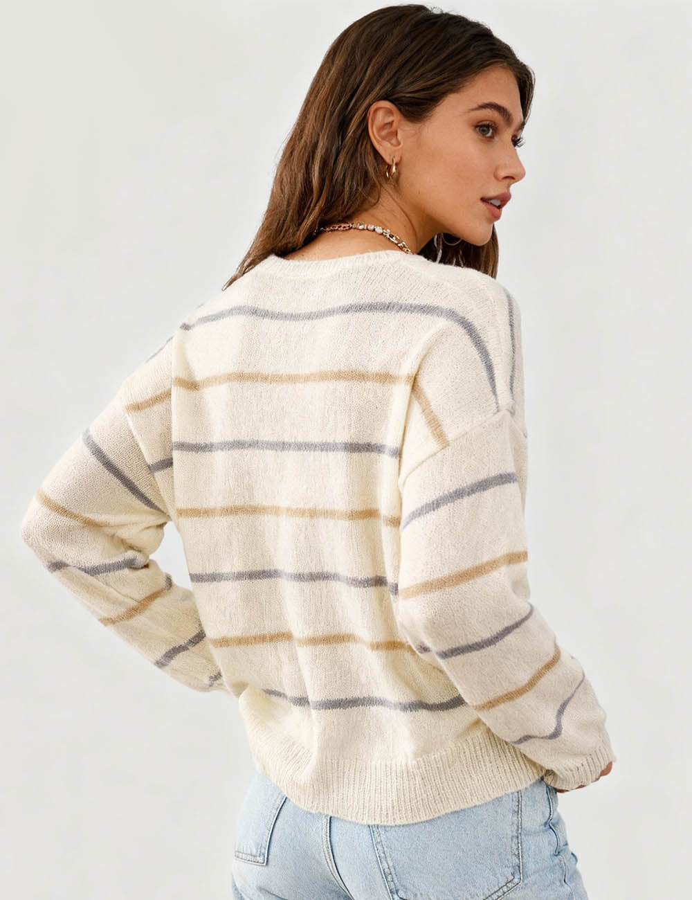 Ladies Colorful Striped Round Neck Long Sleeves Sweater Top