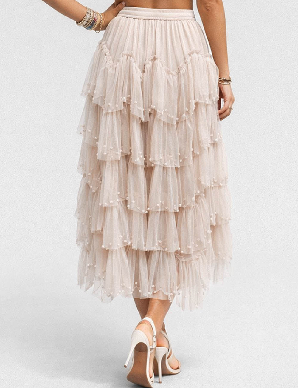 Ladies Sheer Mesh Faux Pearl Tiered Ruffle Maxi Skirt