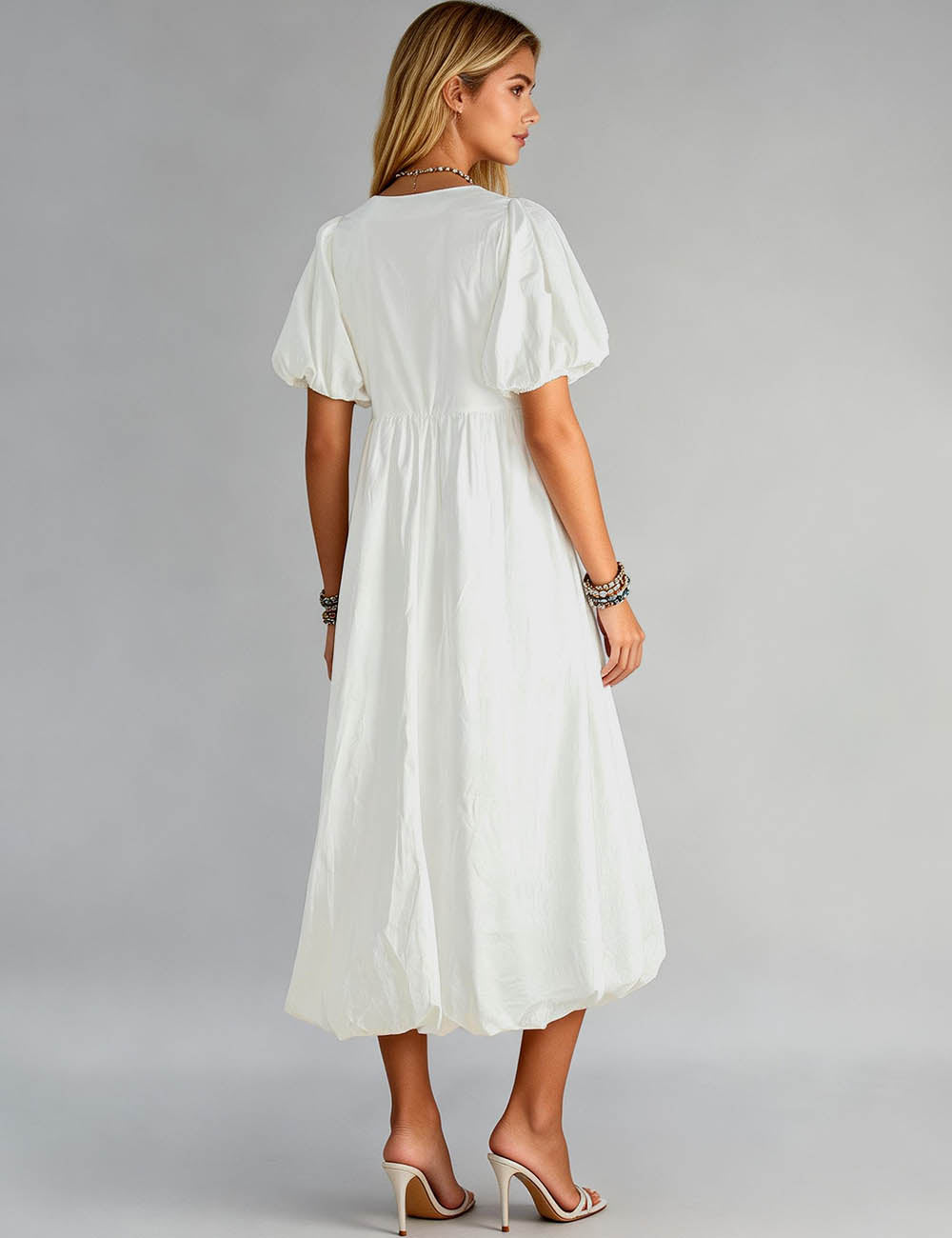 Ladies Round Neck Solid Color Puff Sleeves Midi Dress