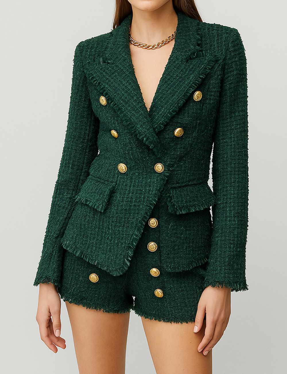 Ladies Solid Color Tassels Double Breast Tweed Blazer