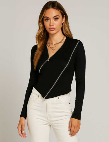 Ladies Zip Splicing Long Sleeves Cropped Top