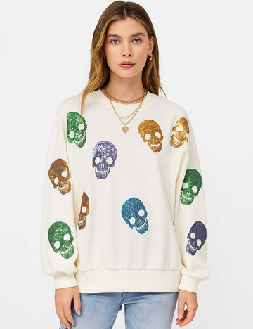 Ladies Halloween Sequin Skull Round Neck Long Sleeves Sweatshirt