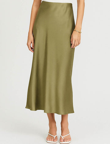 Ladies Solid Color Satin Midi Skirt 5515