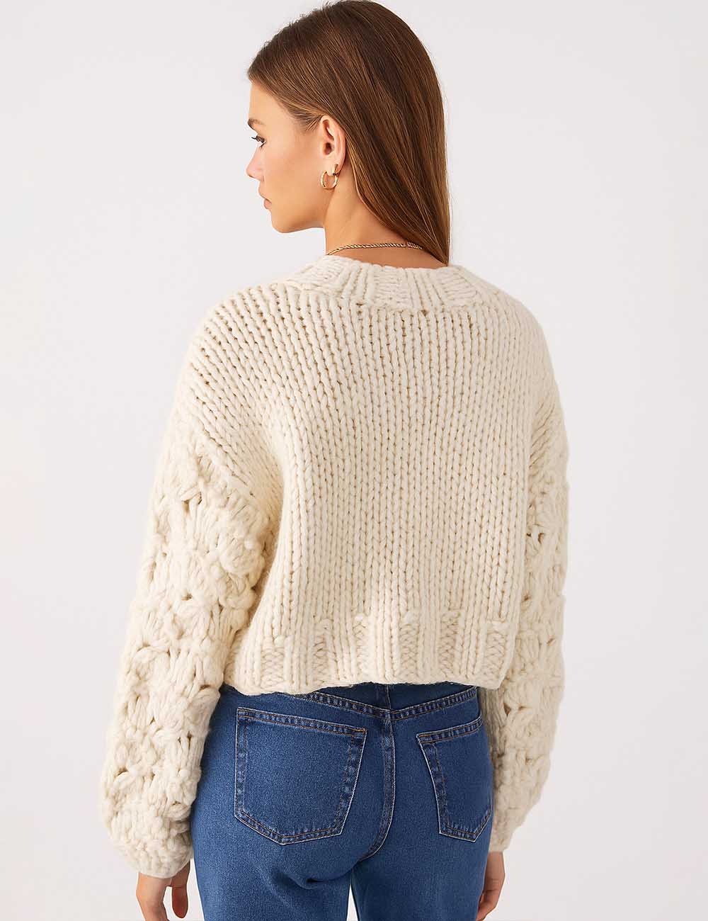Ladies Chunky Cable Knit Round Neck Cropped Sweater Top