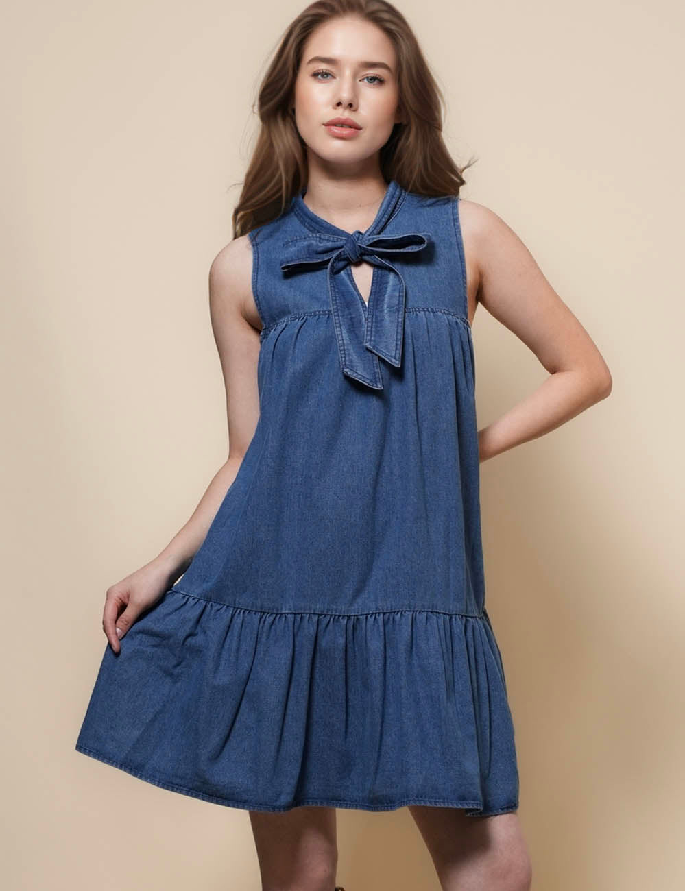 Ladies Sleeveless Strape Tie Denim Mini Dresss SKD50030