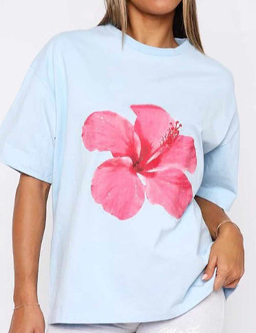 Ladies Floral Print Round Neck Short Sleeves T-Shirt