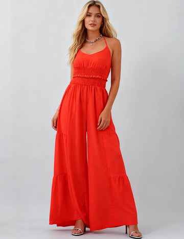 Ladies Halter Overall Elastic Waist Wide Leg Jumpsuit SKJ5KC901