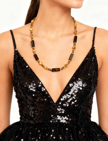 Ladies Retro Faux Tiger Eye Golden Bead Necklace