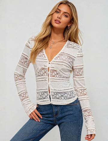 Ladies Solid Color See Sheer Lace Floral Crop Top