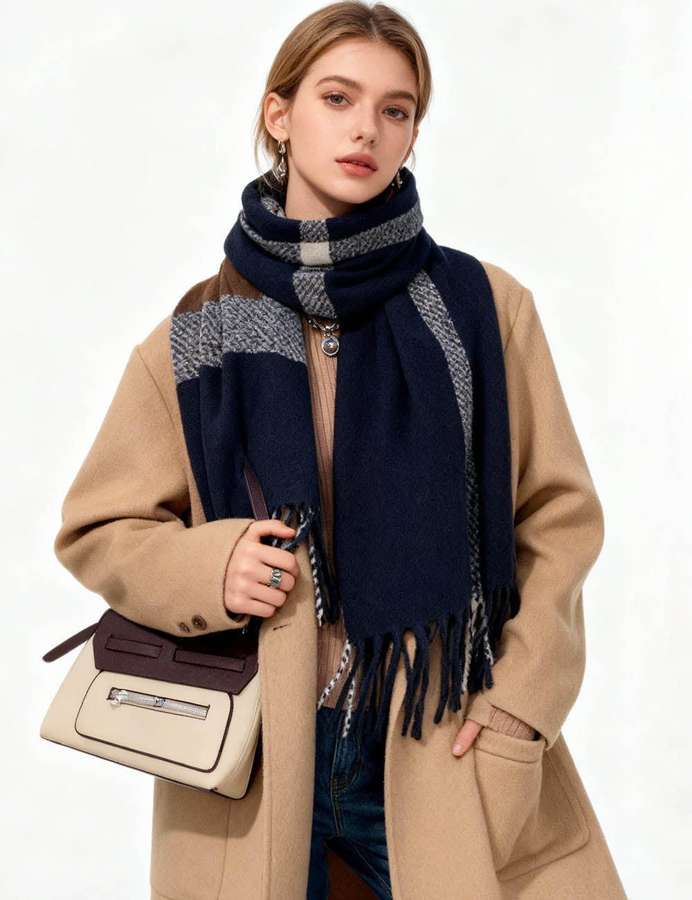 Ladies Cozy Winter Plaid Tassel Knit Scarf