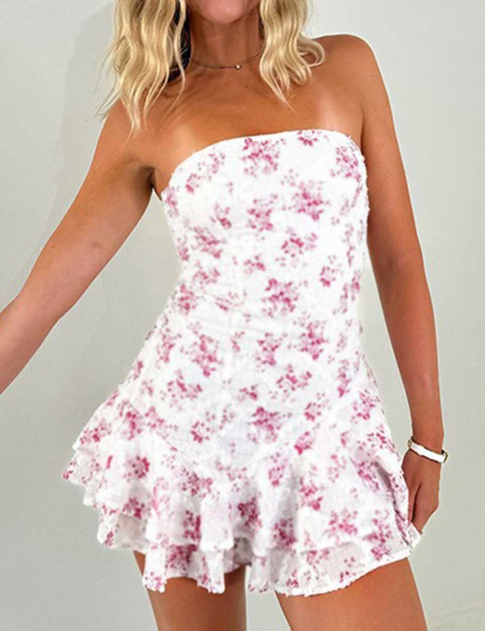 Ladies Floral Print Sleeveless Strapless Mini Dress