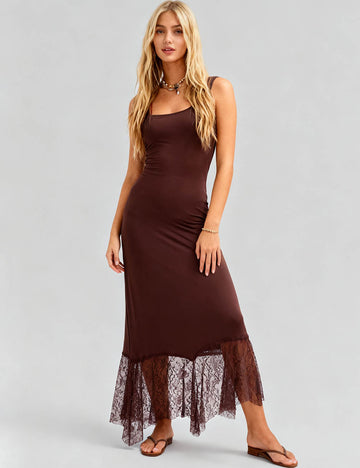 Ladies Square Neck Sleeveless Lace Hem Bodycon Maxi Dress