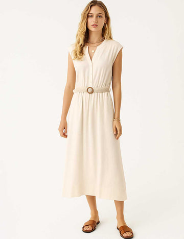 Ladies Solid Color Button Belt Short Sleeves Maxi Dress