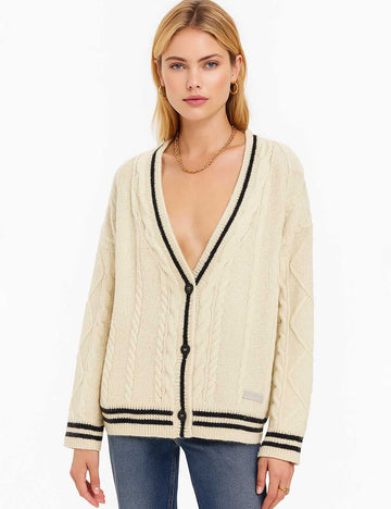 Ladies V-Neck Button Closure Star Embroidery Chunky Sweater Cardigan