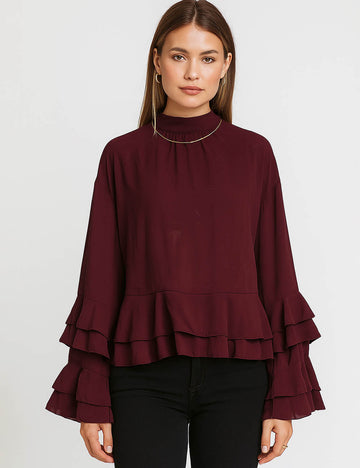 Ladies Chiffon Mesh Sheer Tiered Ruffle Flared Sleeves Blouse